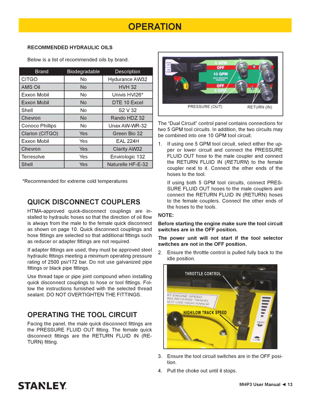 Stanley Black & Decker MHP3 user manual Quick Disconnect Couplers, Operating the Tool Circuit 