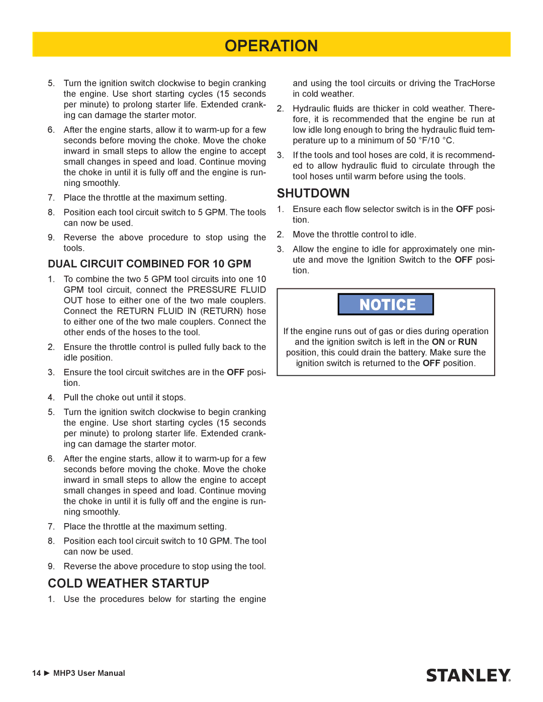 Stanley Black & Decker MHP3 user manual Cold Weather Startup, Shutdown, Dual Circuit Combined for 10 GPM 