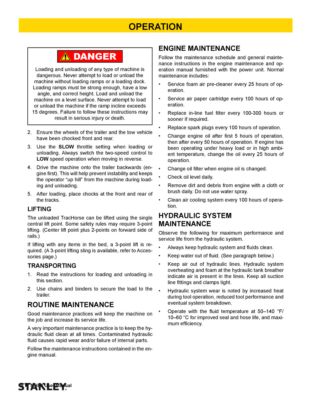 Stanley Black & Decker MHP3 Routine Maintenance, Engine Maintenance, Hydraulic System Maintenance, Lifting, Transporting 