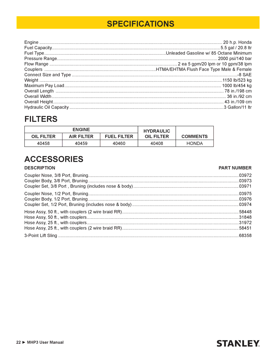 Stanley Black & Decker MHP3 user manual Specifications, Filters, Accessories 