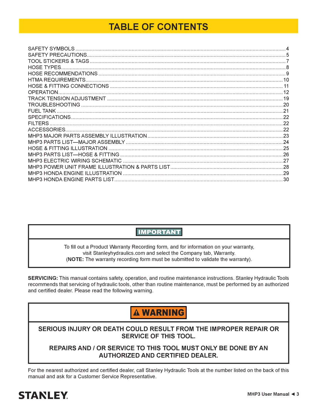 Stanley Black & Decker MHP3 user manual Table of Contents 