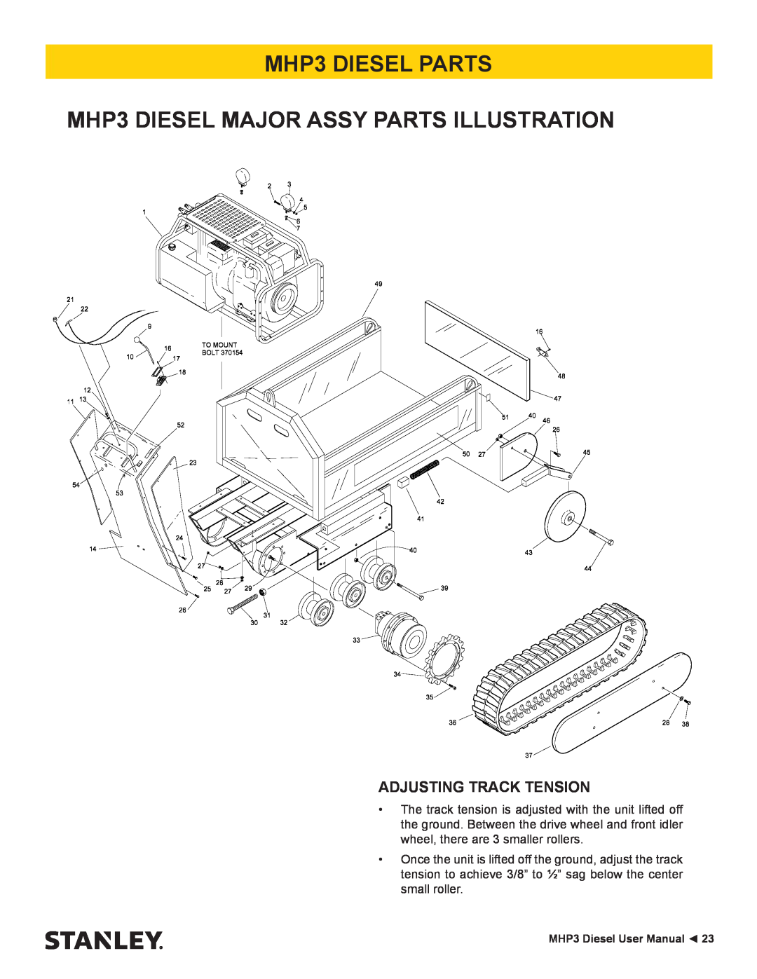 Stanley Black & Decker manual MHP3 DIESEL PARTS MHP3 DIESEL MAJOR ASSY PARTS ILLUSTRATION, Adjusting Track Tension 