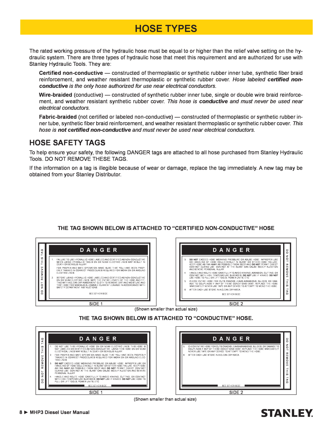 Stanley Black & Decker MHP3 manual Hose Types, Hose Safety Tags, D A N G E R 