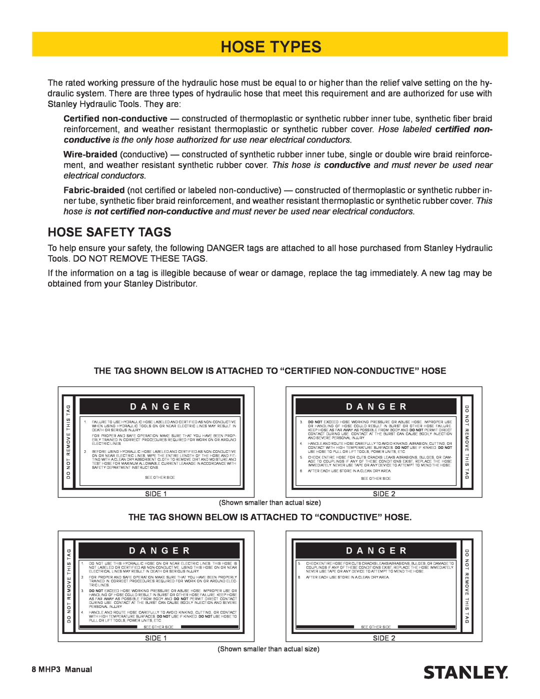 Stanley Black & Decker MHP3 user manual Hose Types, Hose Safety Tags, D A N G E R 