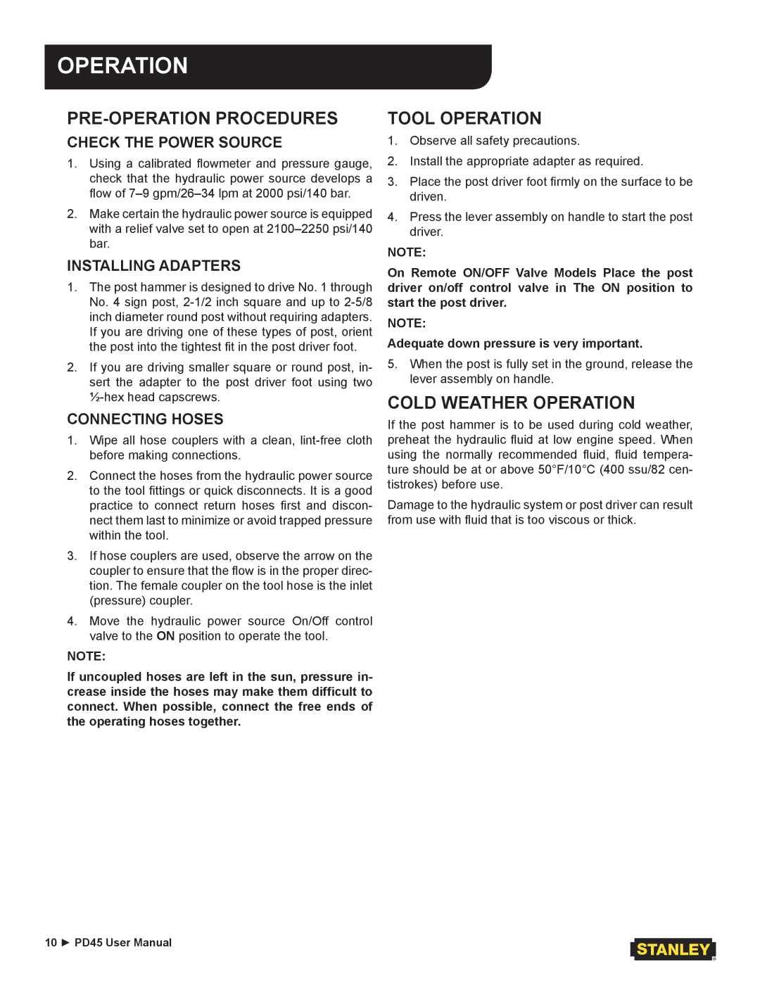 Stanley Black & Decker PD45 user manual Operation, PRE-OPERATION Procedures 