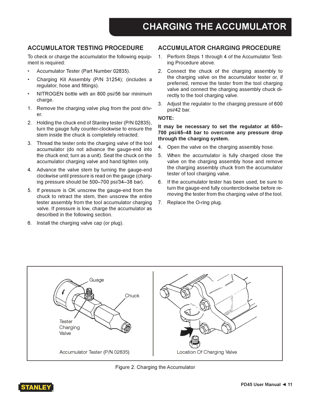 Stanley Black & Decker PD45 user manual Charging the Accumulator, Accumulator Testing Procedure 