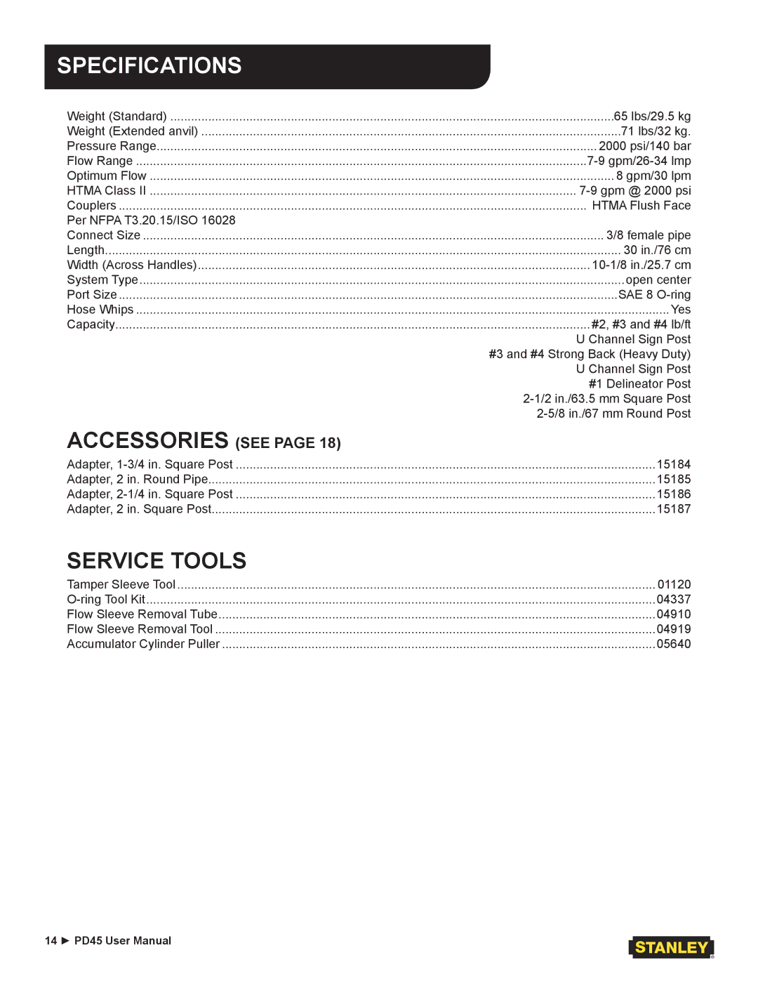 Stanley Black & Decker PD45 user manual Specifications, Accessories see 