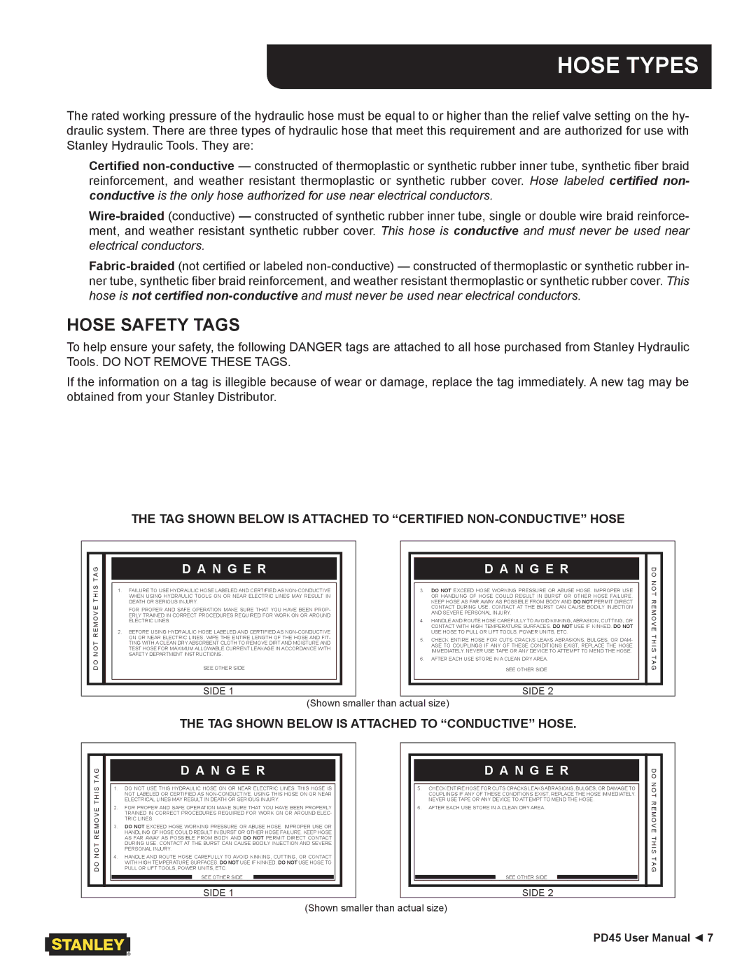 Stanley Black & Decker PD45 user manual Hose Types, Hose Safety Tags 