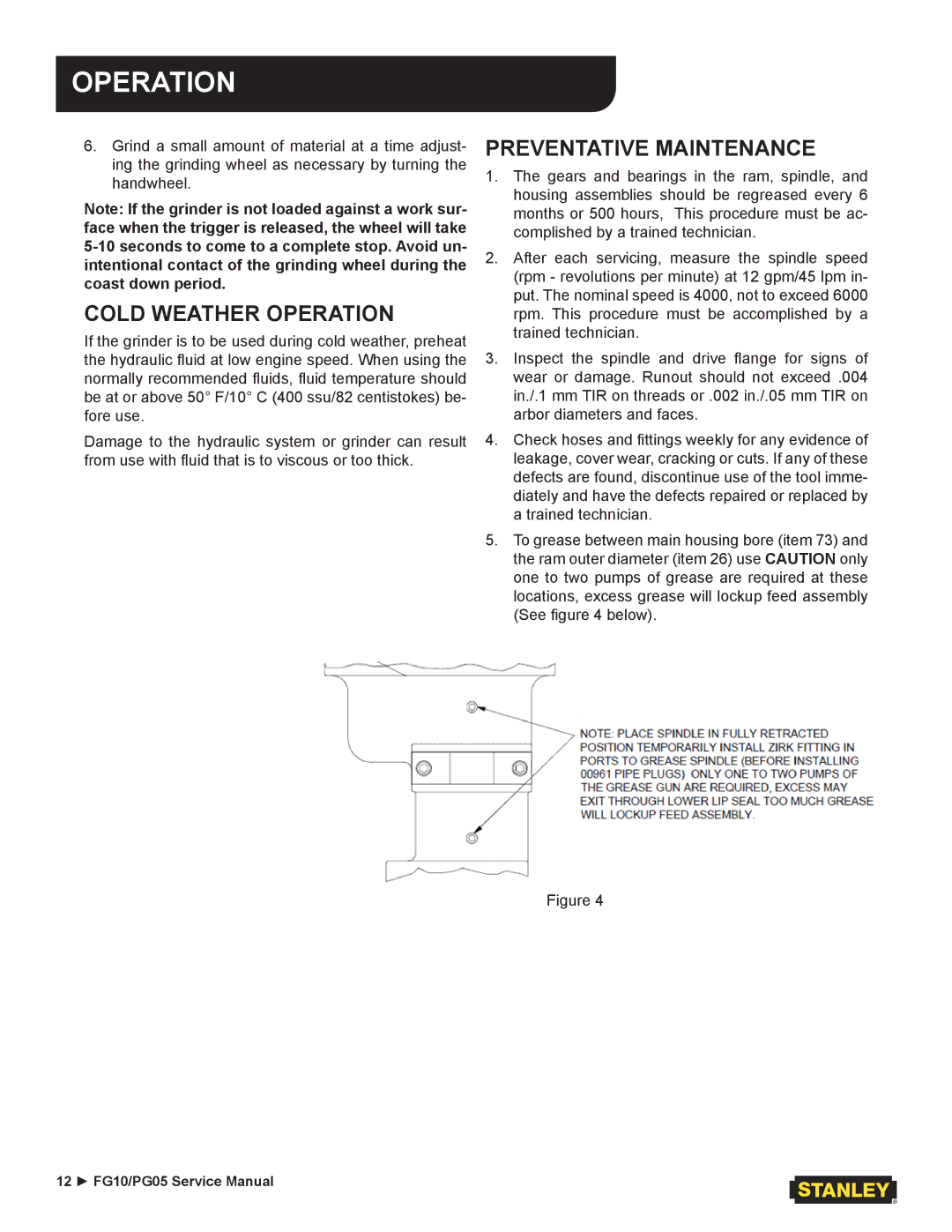 Stanley Black & Decker PG05, FG10 user manual Cold Weather Operation, Preventative Maintenance 