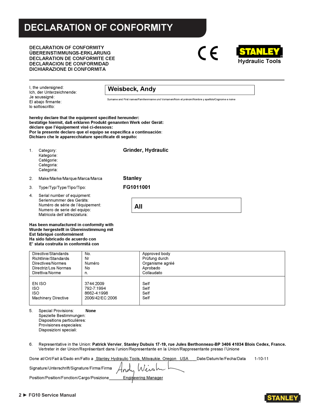 Stanley Black & Decker PG05, FG10 user manual Declaration of Conformity, Weisbeck, Andy 