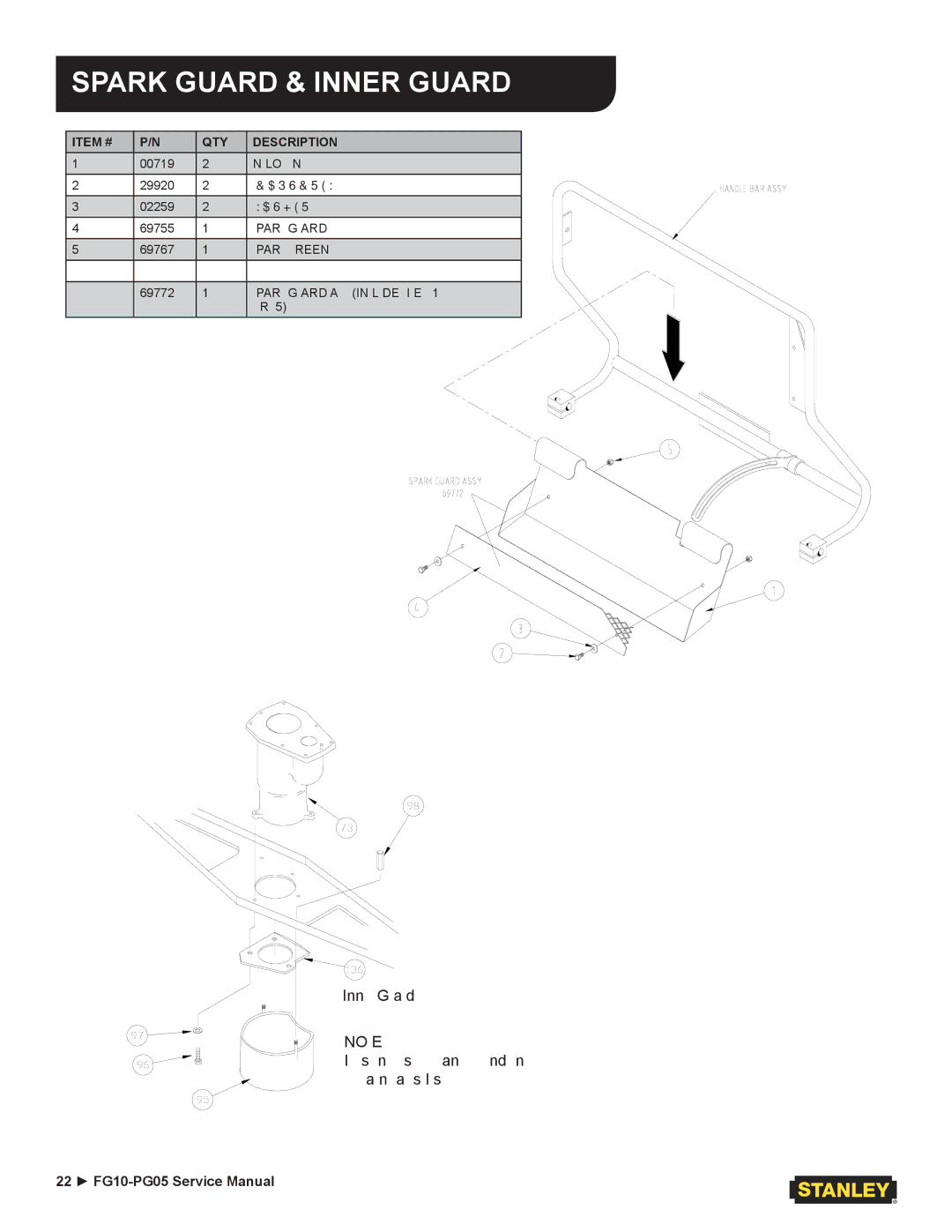 Stanley Black & Decker PG05, FG10 user manual Spark Guard & Inner Guard, Item # QTY Description 