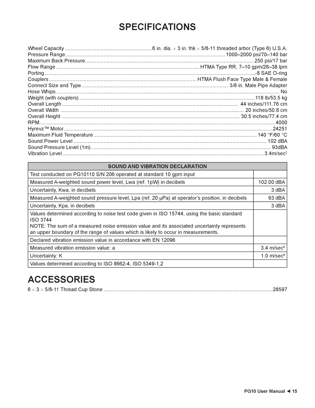 Stanley Black & Decker PG10 user manual Accessories, Specifications 