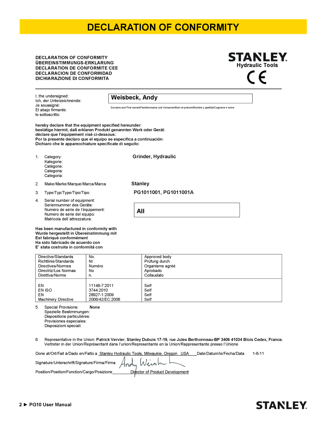 Stanley Black & Decker PG10 user manual Declaration of Conformity, Weisbeck, Andy 