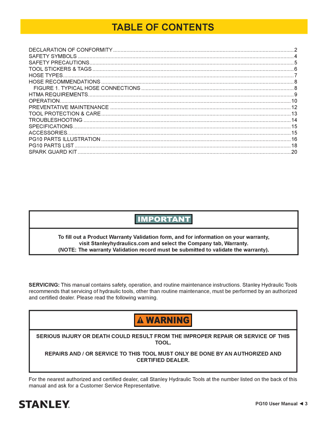 Stanley Black & Decker PG10 user manual Table of Contents 