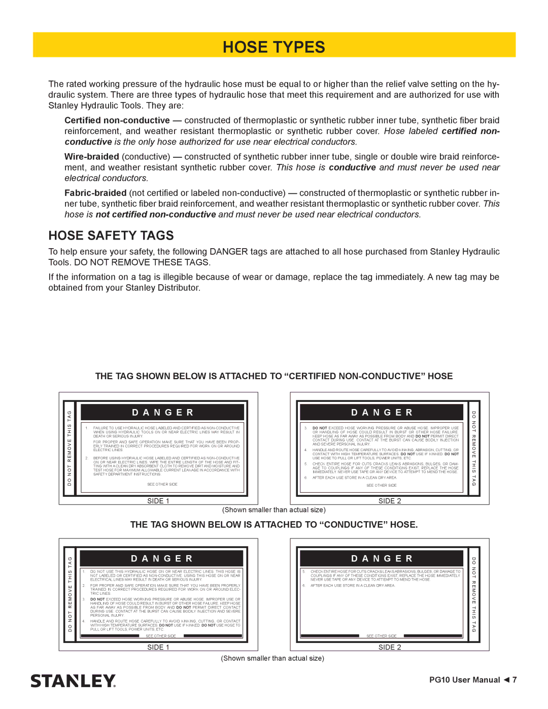 Stanley Black & Decker PG10 user manual Hose Types, Hose Safety Tags 