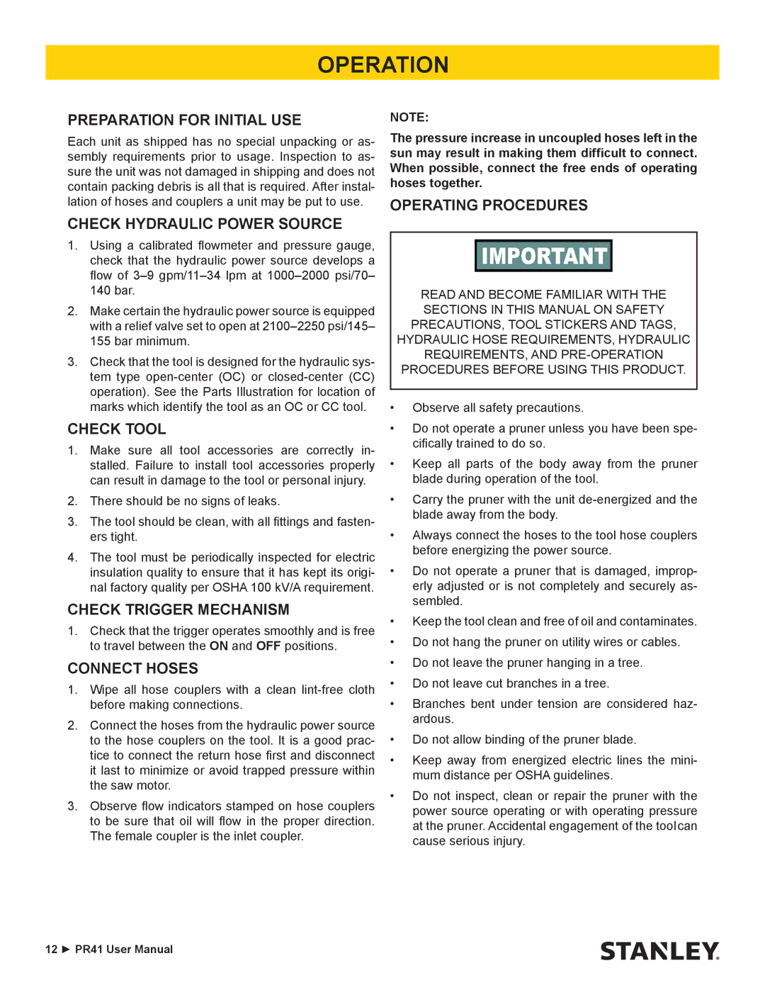 Stanley Black & Decker PR41 manual Operation, Preparation for Initial USE 