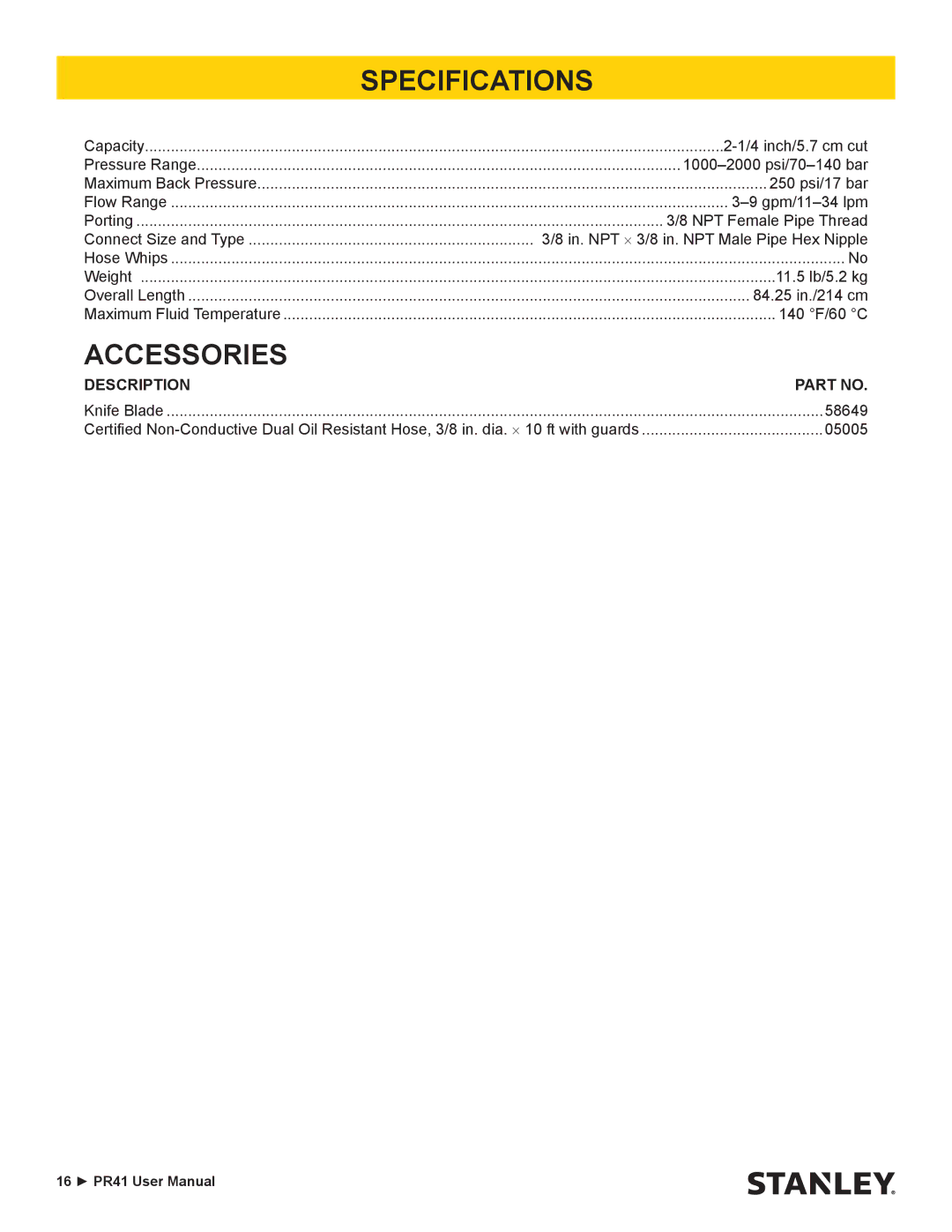 Stanley Black & Decker PR41 manual Specifications, Accessories 