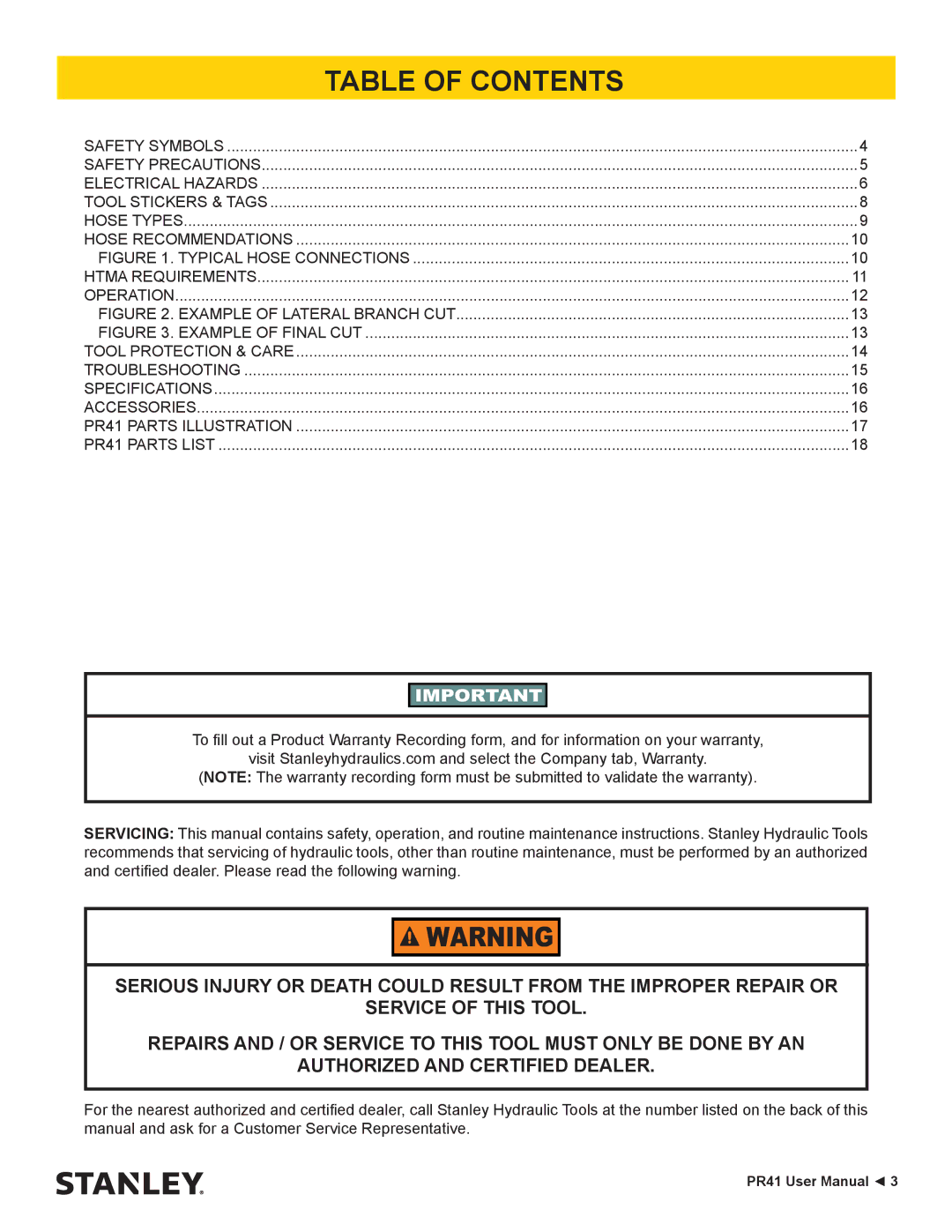 Stanley Black & Decker PR41 manual Table of Contents 