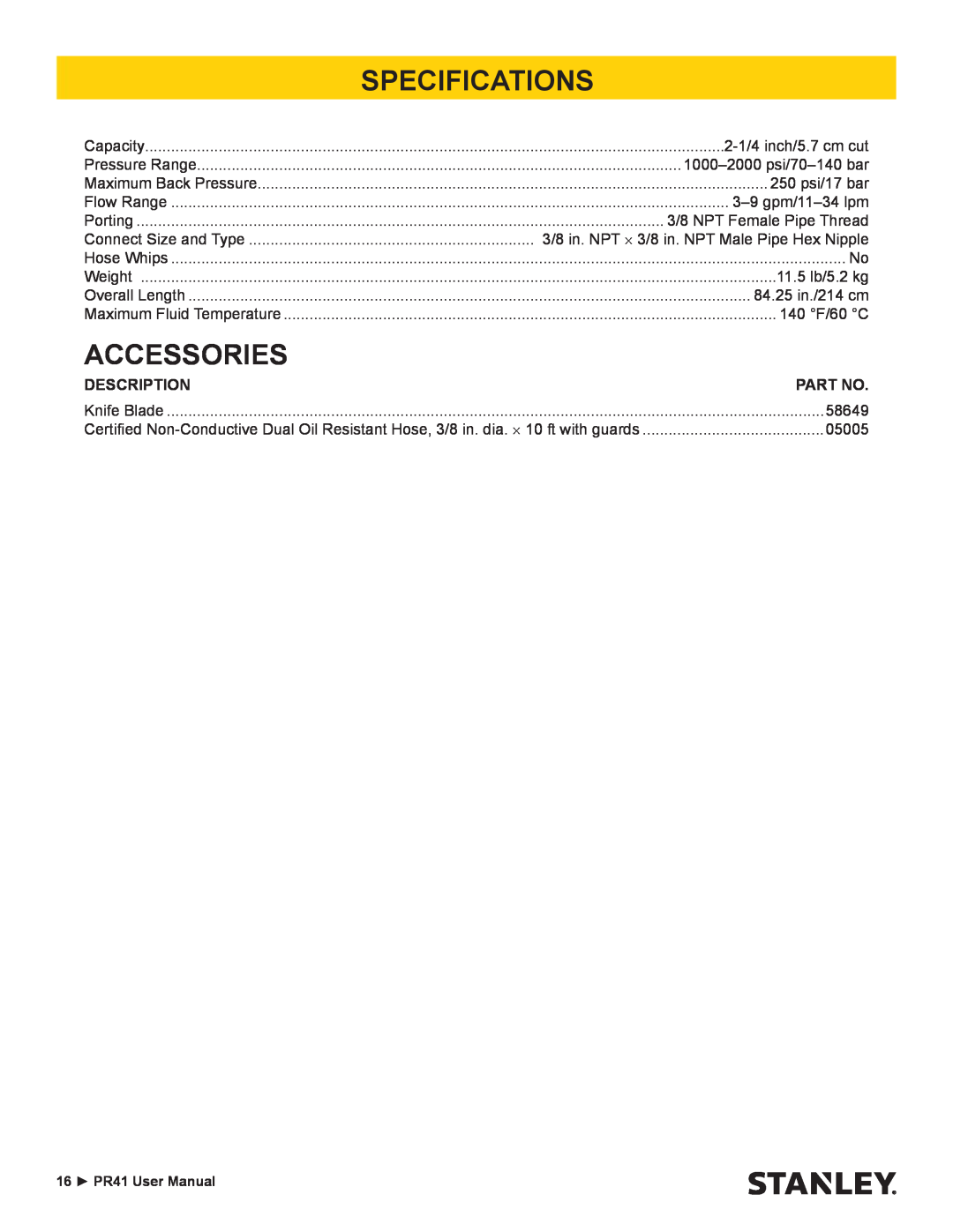 Stanley Black & Decker PR41 manual Specifications, Accessories, Description 