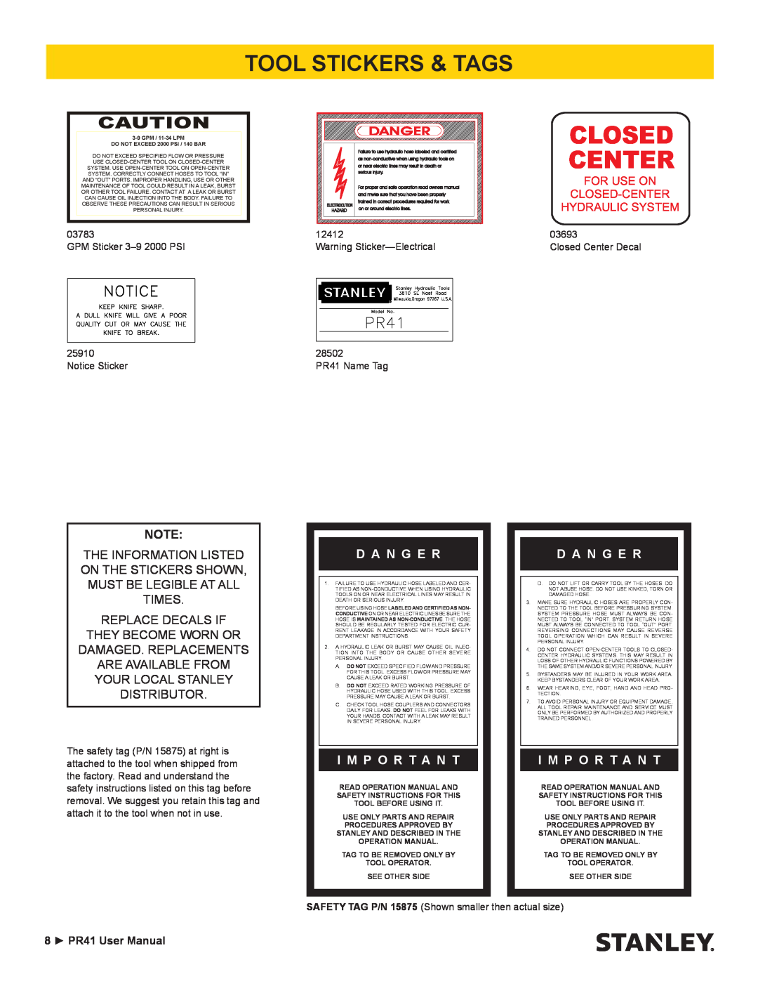 Stanley Black & Decker PR41 manual Tool Stickers & Tags, Closed Center, Danger, For Use On Closed-Center Hydraulic System 