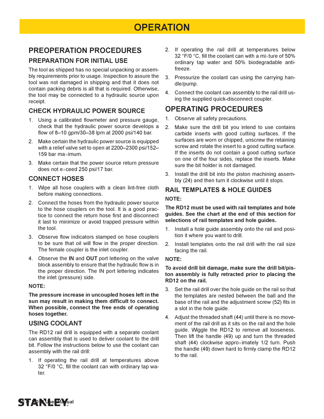 Stanley Black & Decker RD12 user manual Operation, Preoperation Procedures, Operating Procedures 