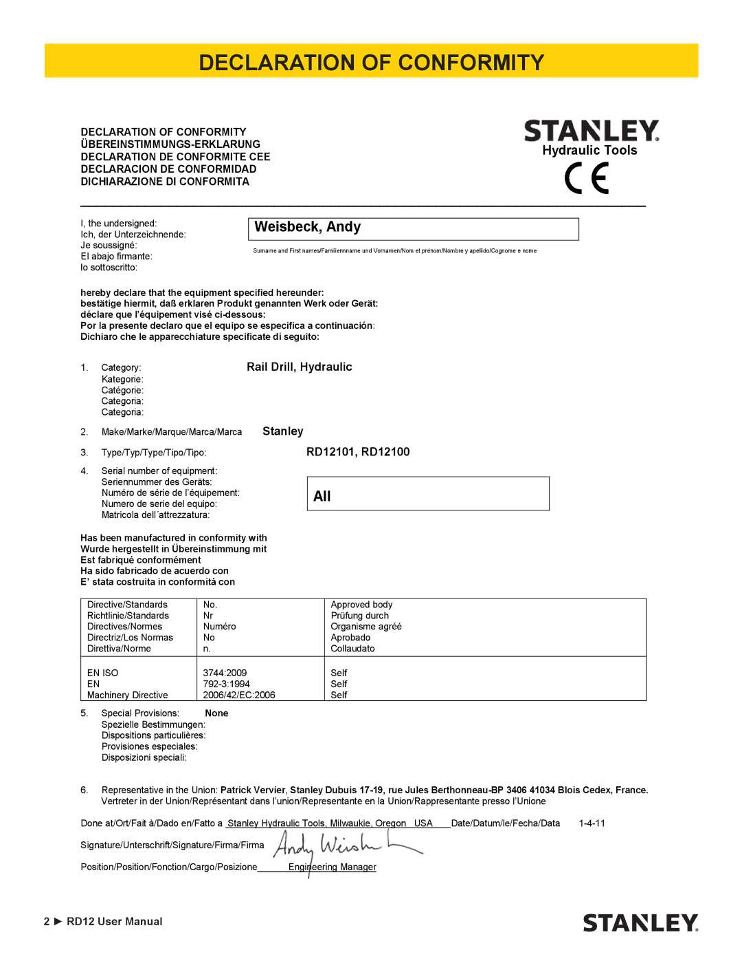 Stanley Black & Decker RD12 user manual Declaration of Conformity, Weisbeck, Andy 