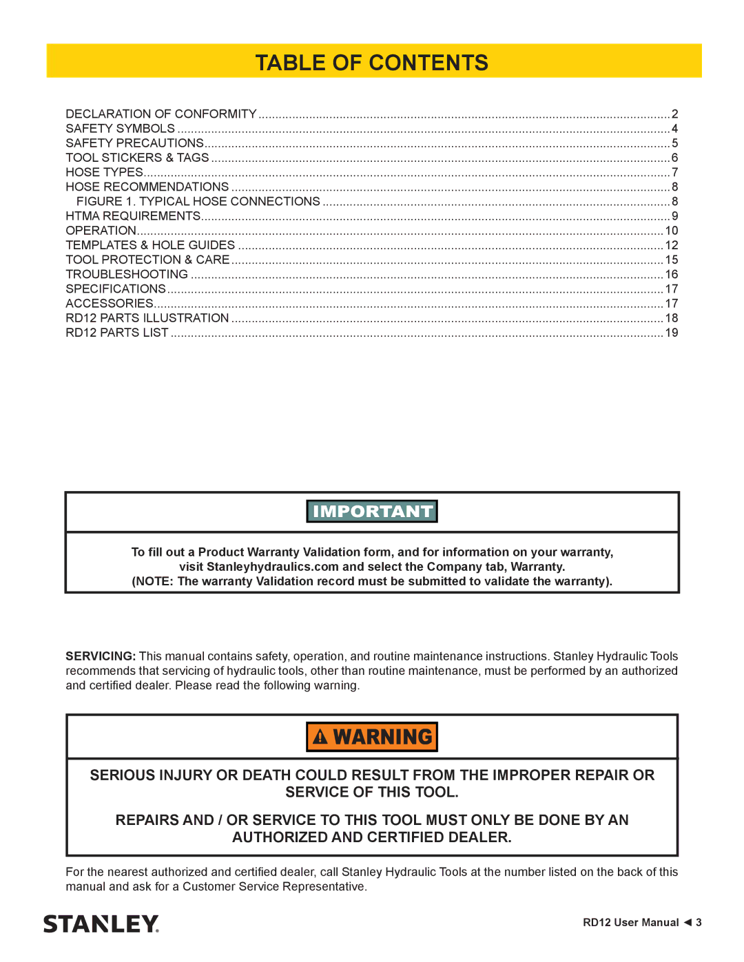 Stanley Black & Decker RD12 user manual Table of Contents 