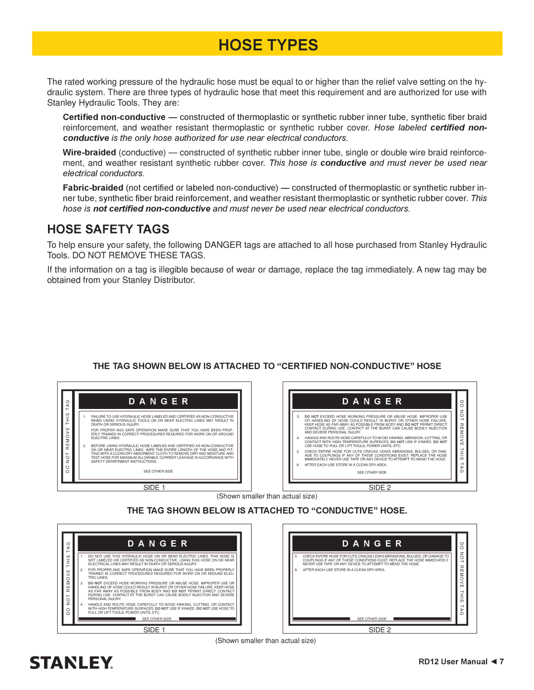 Stanley Black & Decker RD12 user manual Hose Types, Hose Safety Tags 