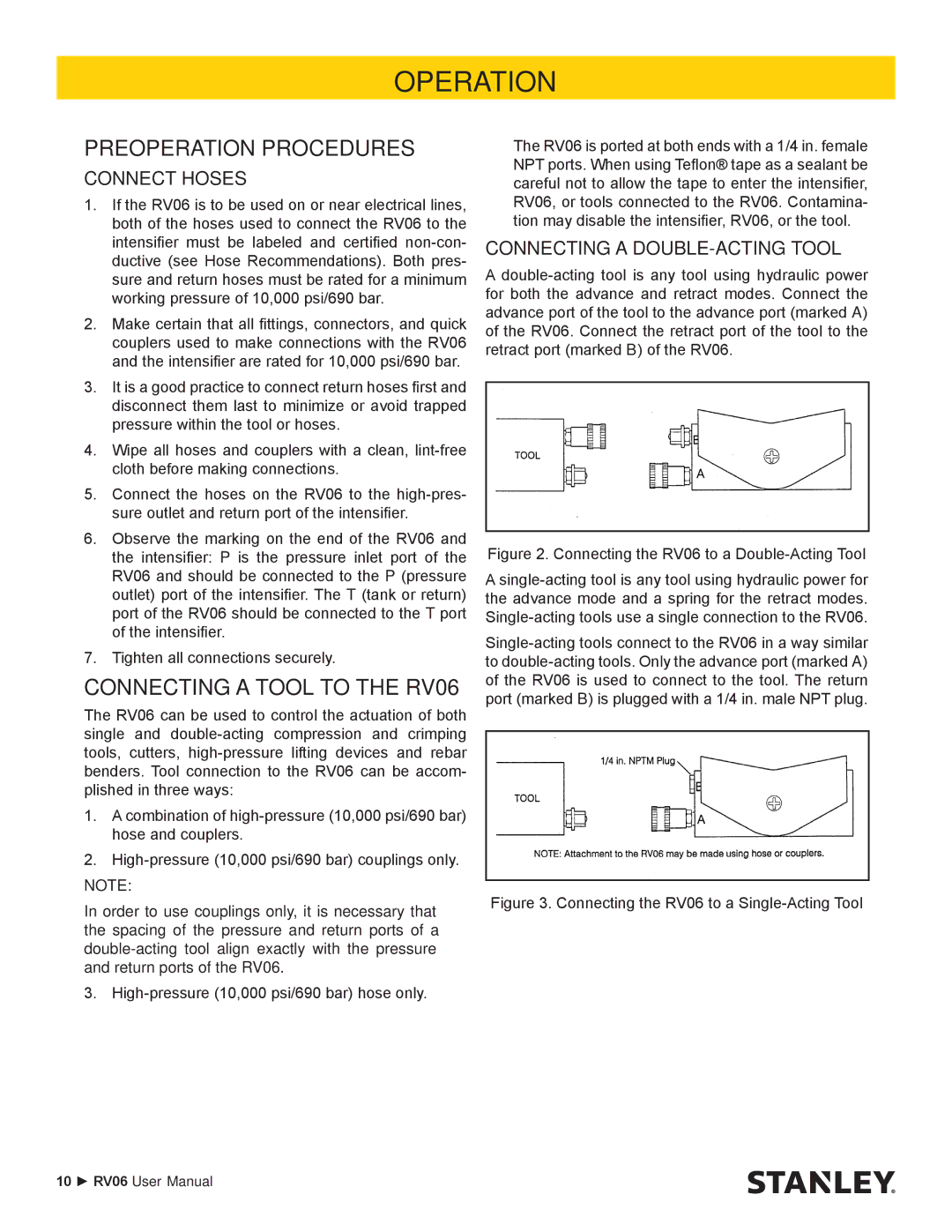 Stanley Black & Decker user manual Operation, Preoperation Procedures, Connecting a Tool to the RV06 