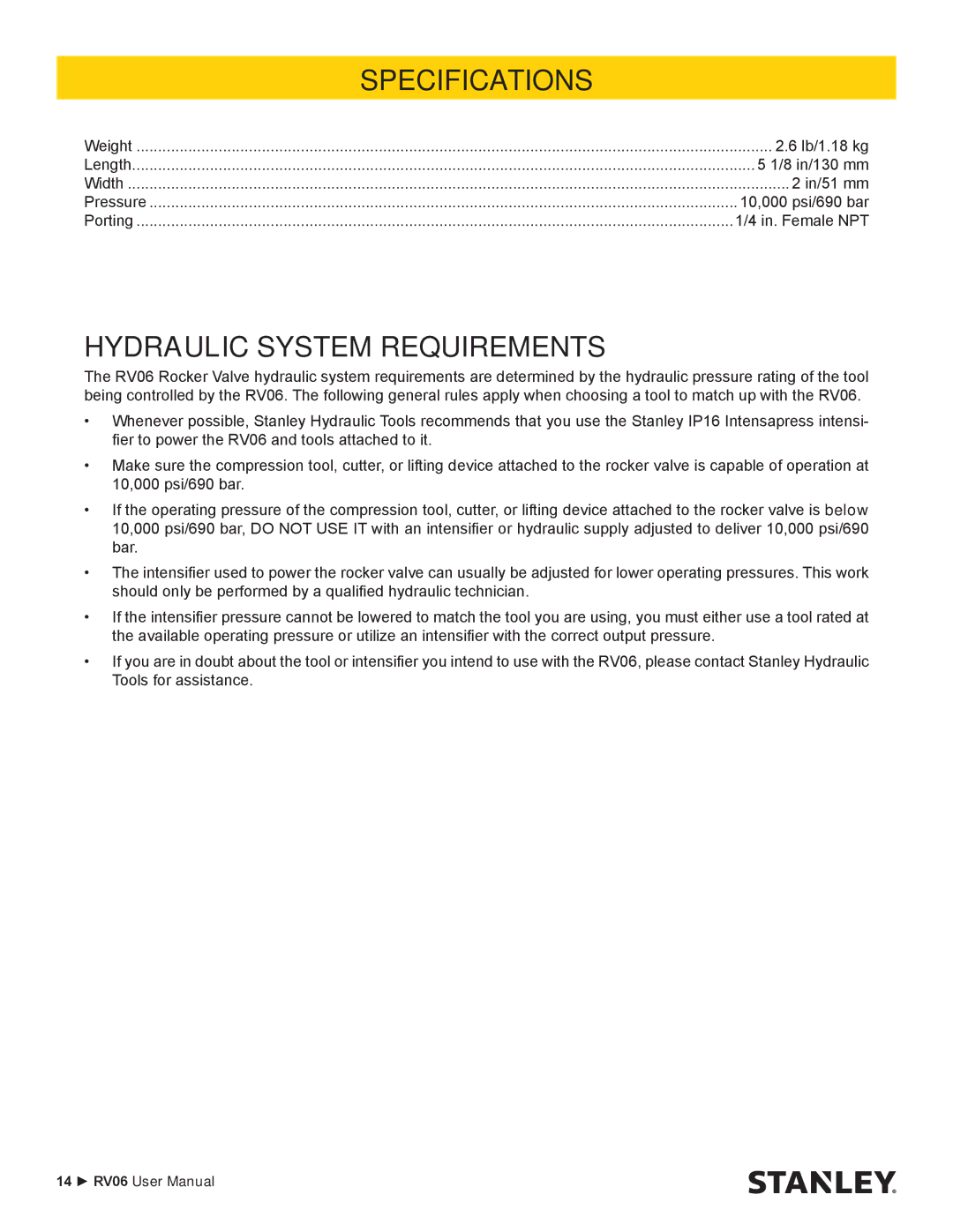 Stanley Black & Decker RV06 user manual Hydraulic System Requirements, Specifications 