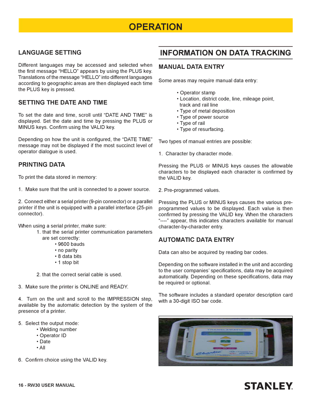 Stanley Black & Decker RW30 user manual Language Setting, Setting the Date and Time, Printing Data, Manual Data Entry 