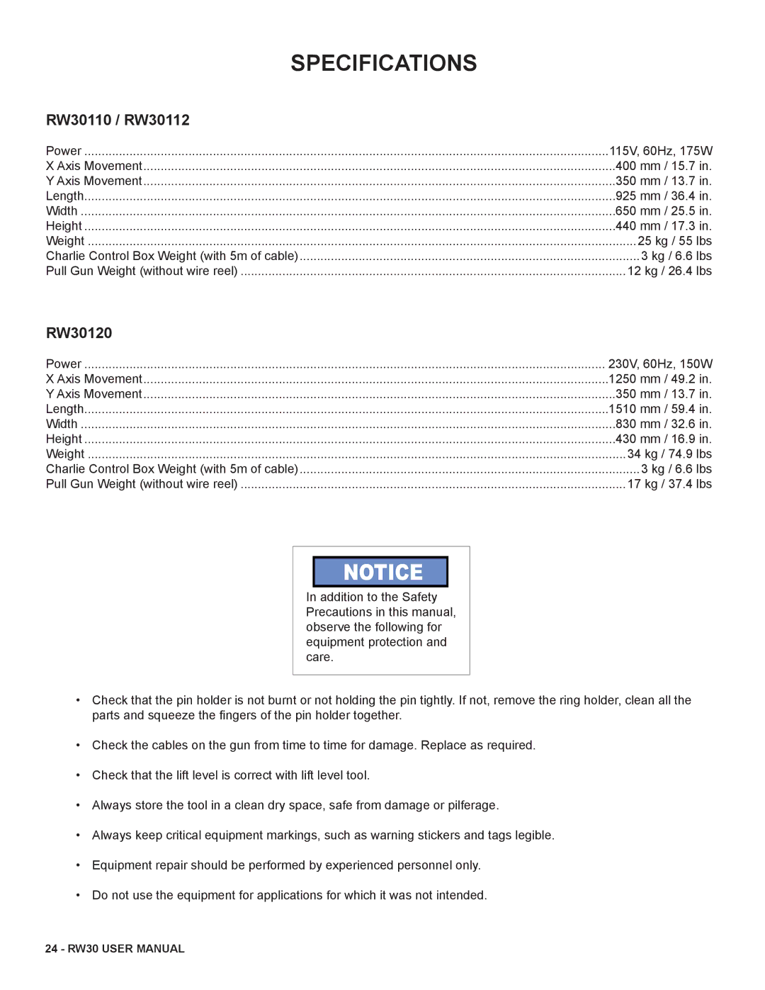 Stanley Black & Decker user manual Specifications, RW30110 / RW30112 