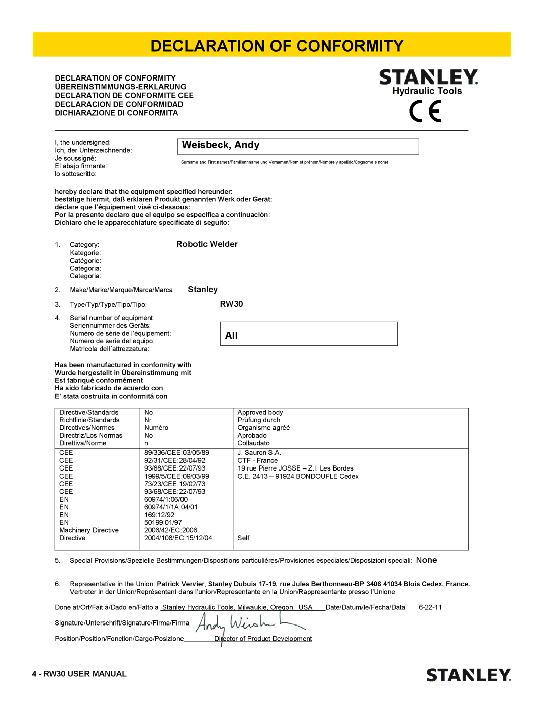 Stanley Black & Decker RW30 user manual Declaration of Conformity, Weisbeck, Andy 