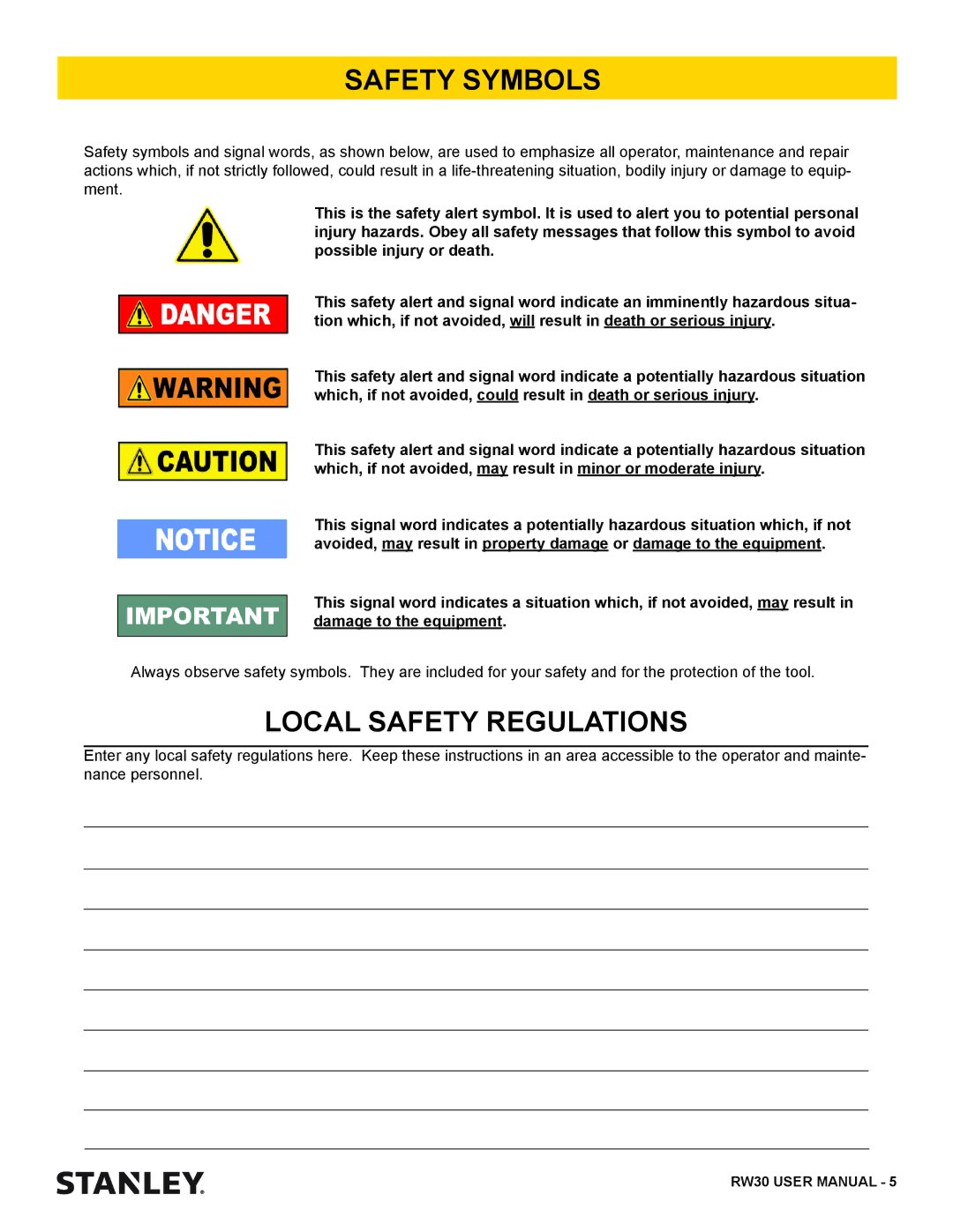 Stanley Black & Decker RW30 user manual Safety Symbols, Local Safety Regulations 