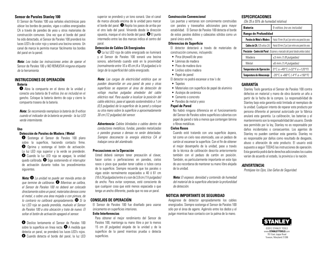 Stanley Black & Decker S100 manual Instrucciones DE Operación, Especificaciones, Garantía, Consejos DE Operación 