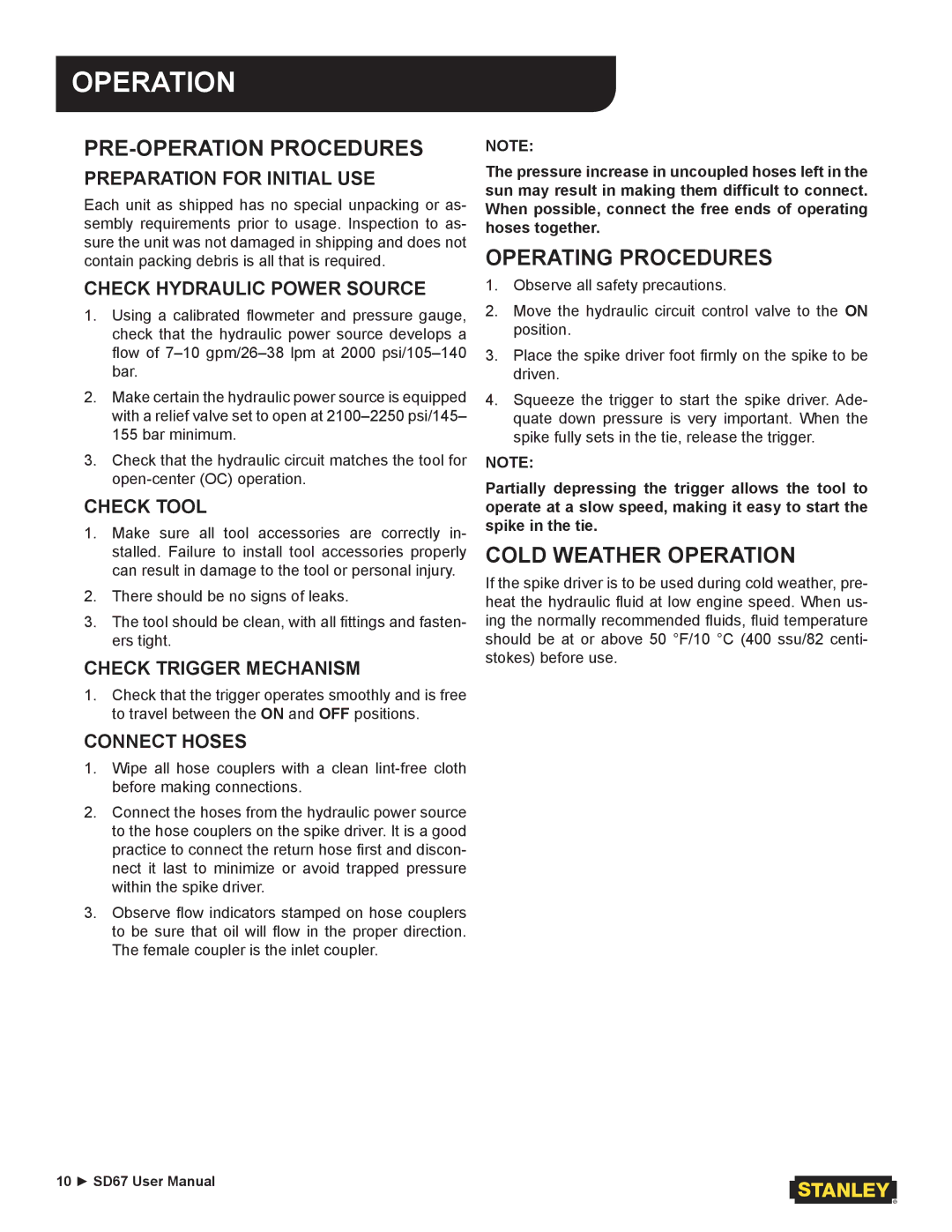 Stanley Black & Decker SD67 user manual PRE-OPERATION Procedures, Operating Procedures, Cold Weather Operation 