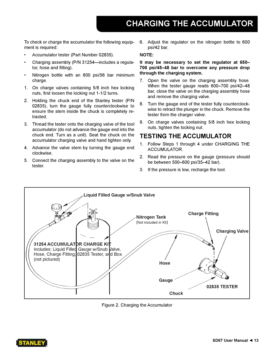 Stanley Black & Decker SD67 user manual Charging the Accumulator, Testing the Accumulator 