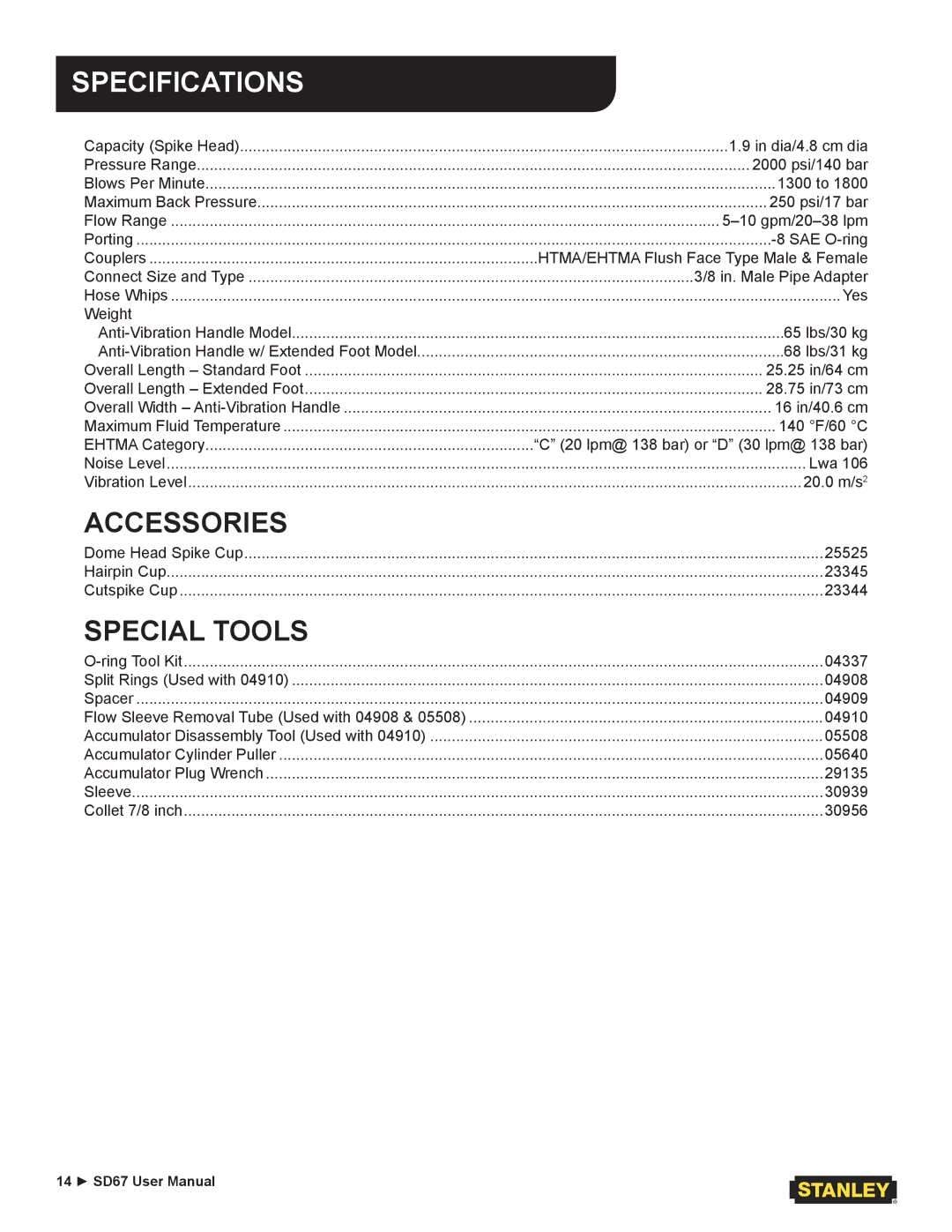 Stanley Black & Decker SD67 user manual Specifications, Special Tools 