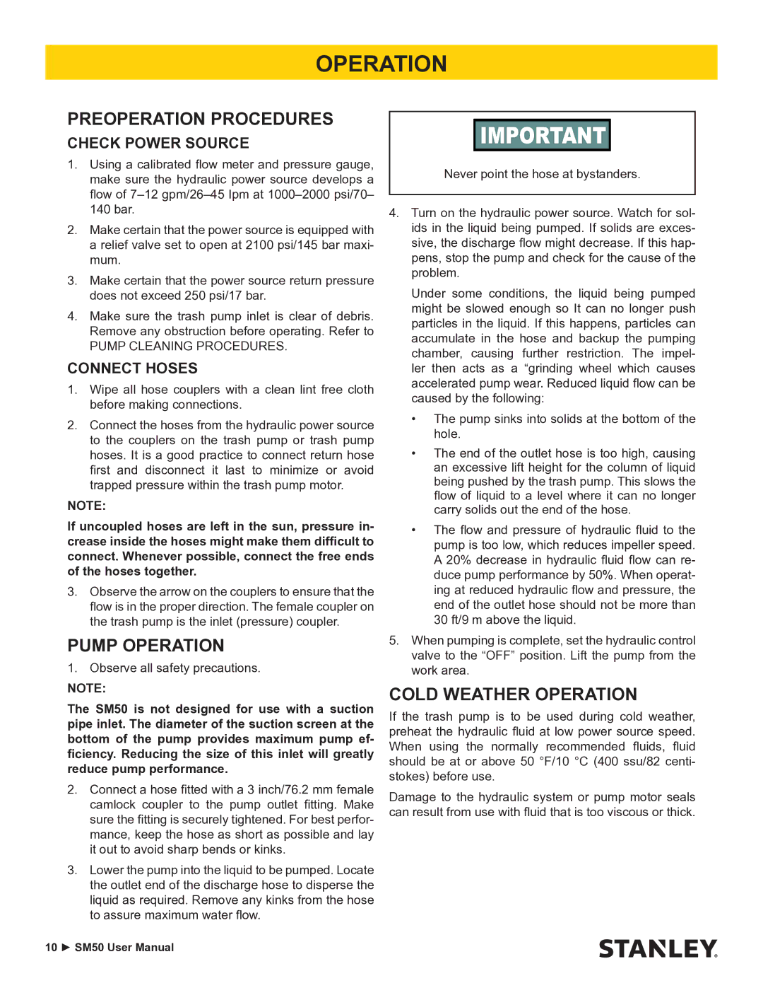 Stanley Black & Decker SM50 user manual Preoperation Procedures, Pump Operation, Cold Weather Operation 