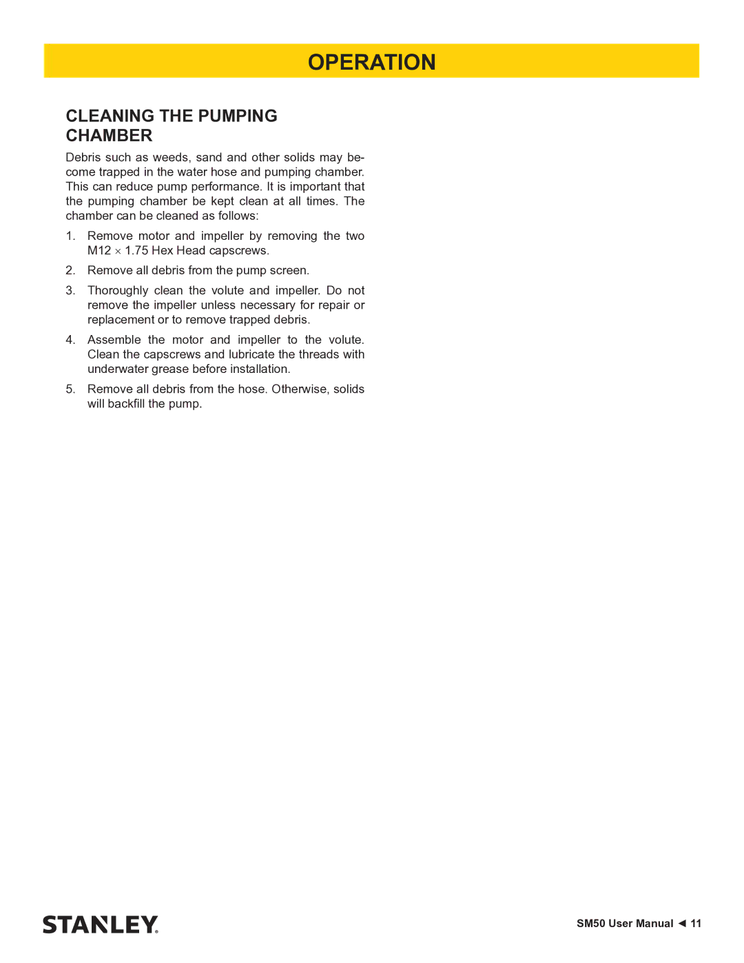 Stanley Black & Decker SM50 user manual Cleaning the Pumping Chamber 