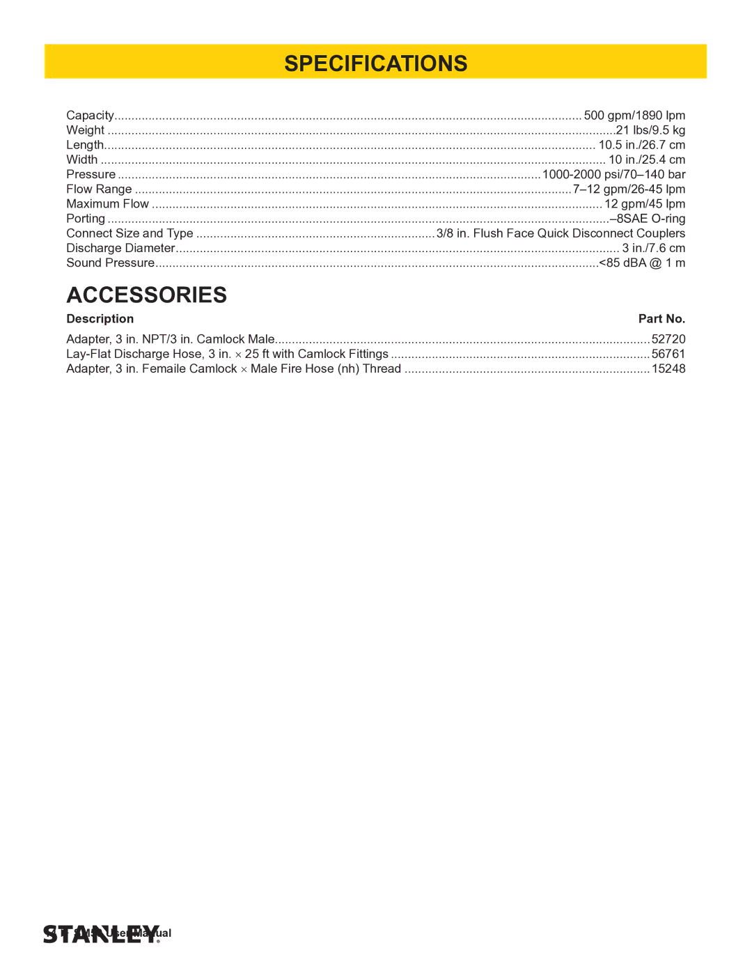 Stanley Black & Decker SM50 user manual Specifications, Accessories 