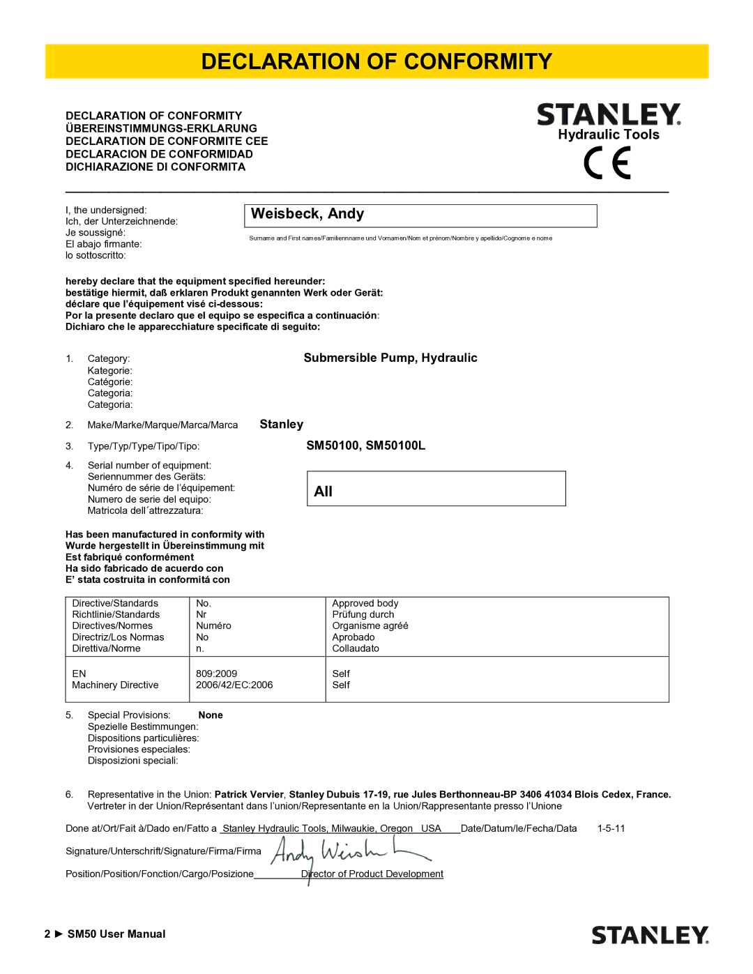 Stanley Black & Decker SM50 user manual Declaration of Conformity, Weisbeck, Andy 