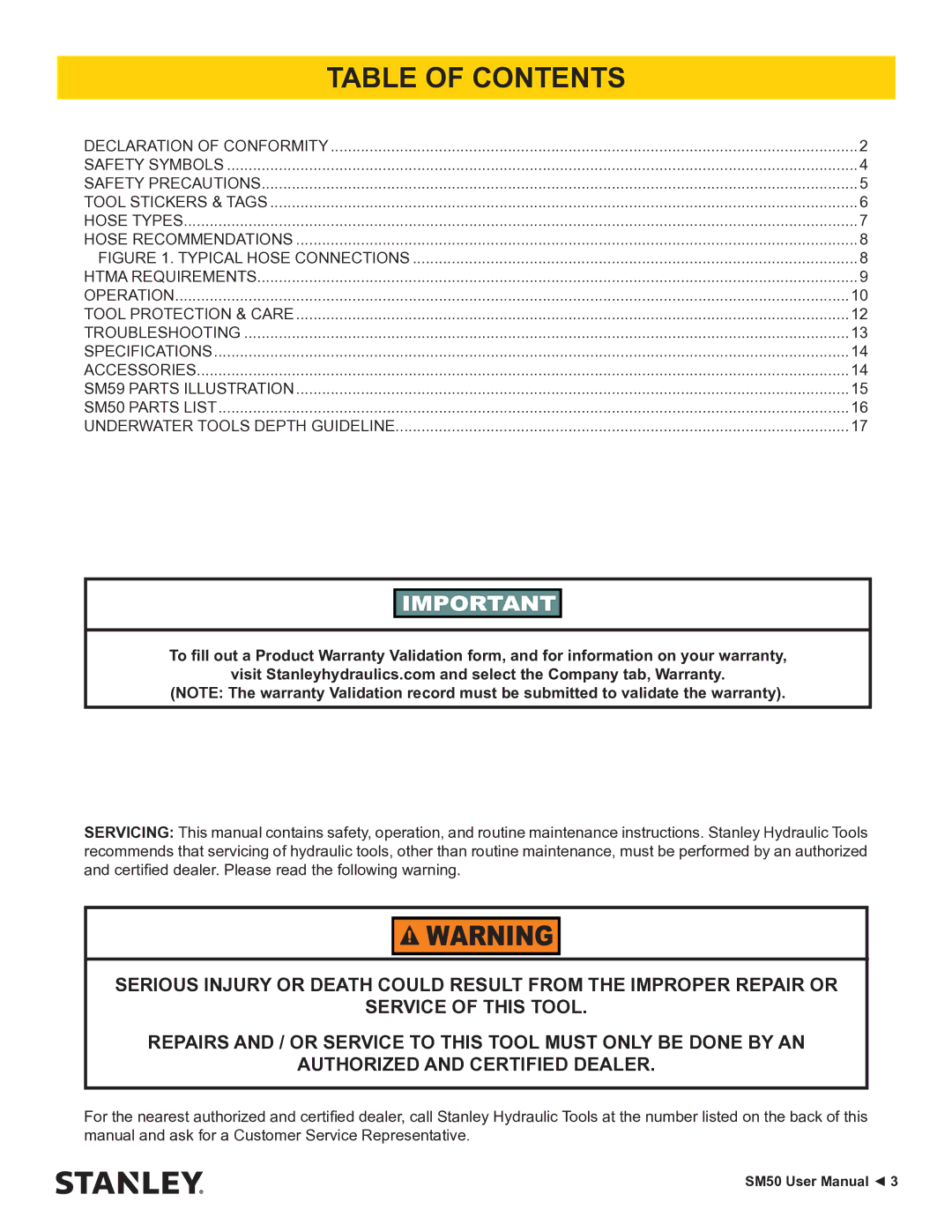 Stanley Black & Decker SM50 user manual Table of Contents 