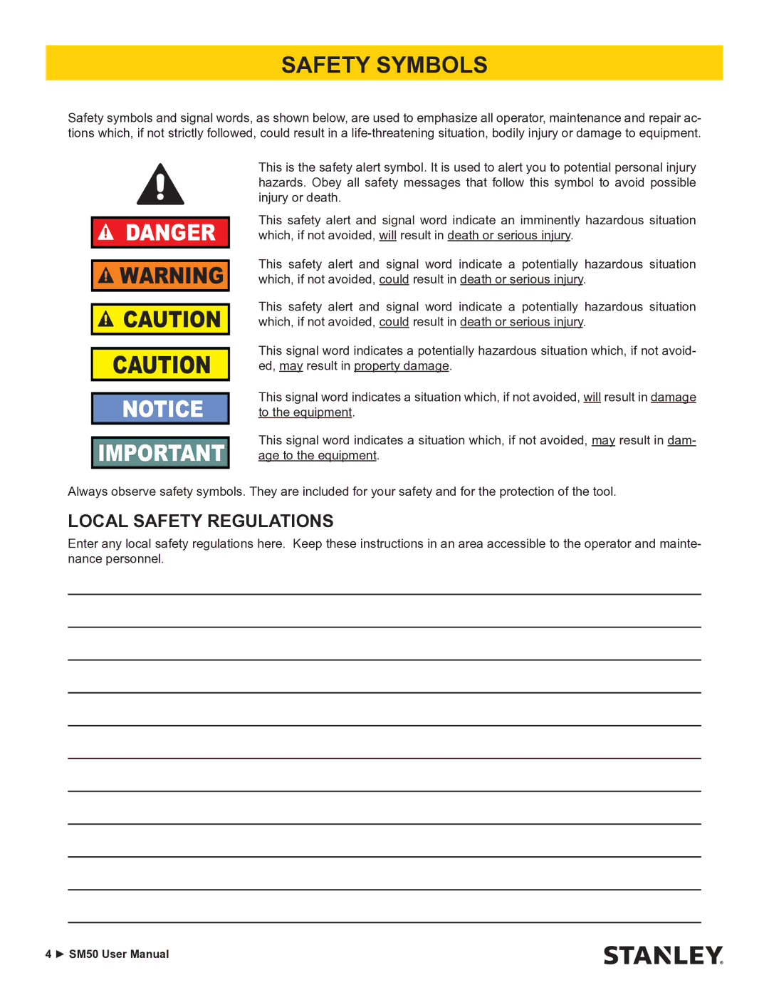 Stanley Black & Decker SM50 user manual Safety Symbols, Local Safety Regulations 