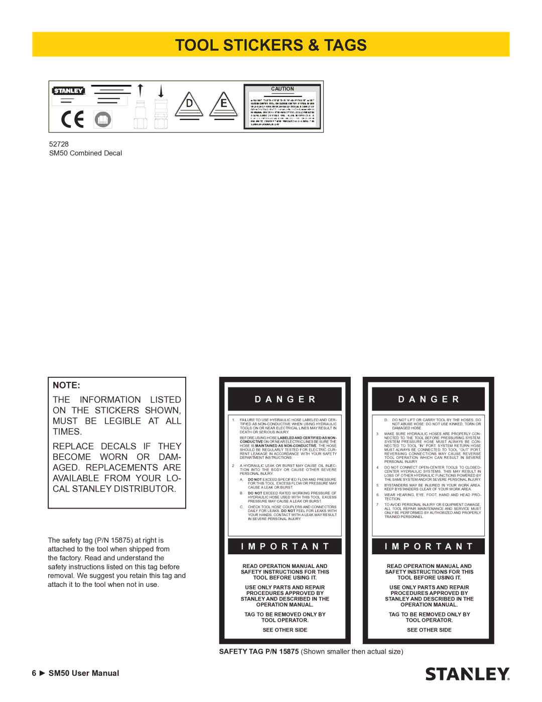 Stanley Black & Decker SM50 user manual Tool Stickers & Tags, N G E R 