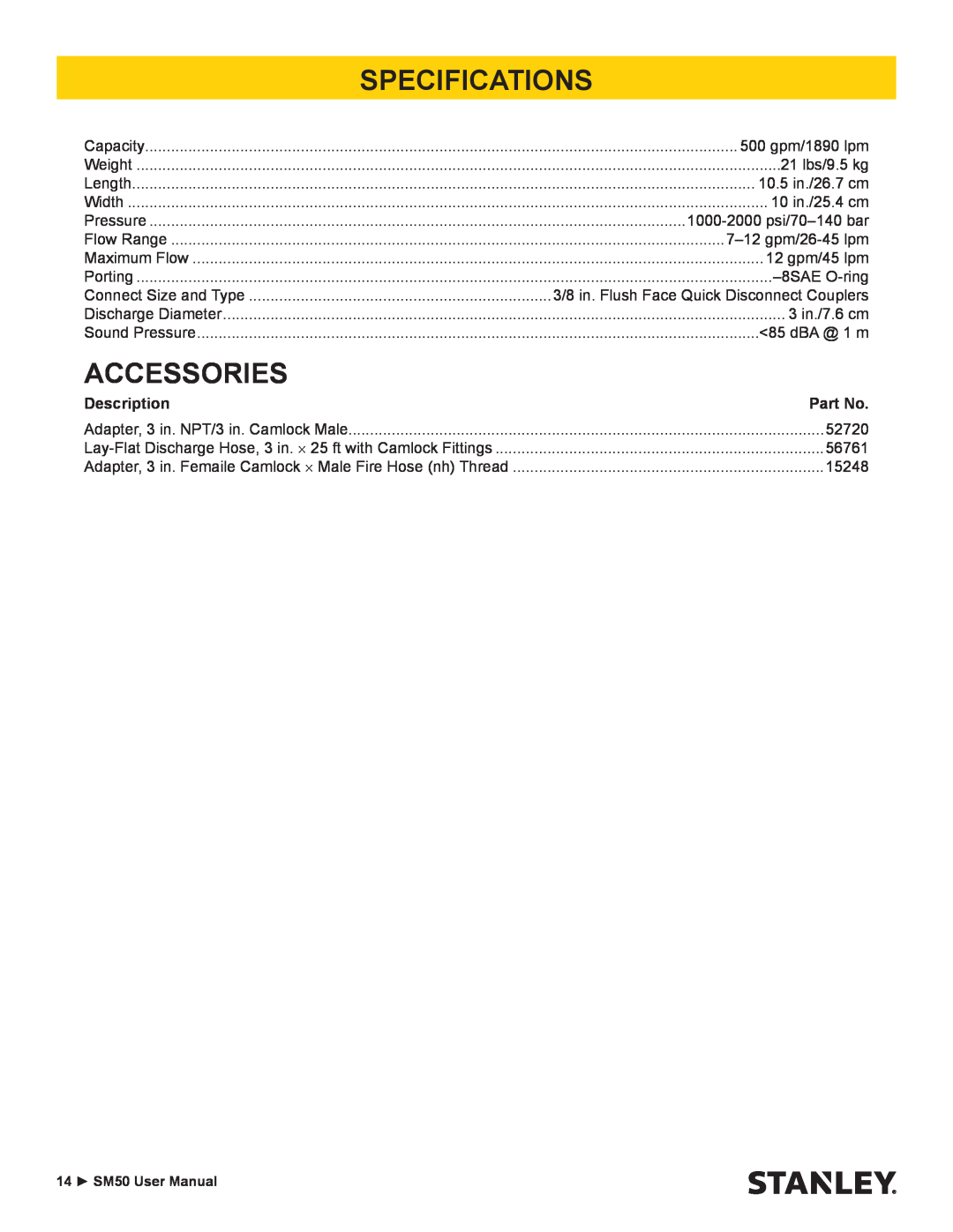 Stanley Black & Decker SM50 user manual Specifications, Accessories, Description 