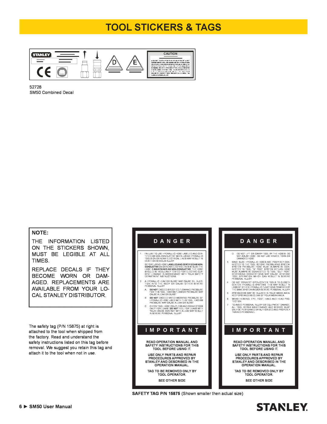 Stanley Black & Decker SM50 user manual Tool Stickers & Tags, D A N G E R, I M P O R T A N T, Im P O R T A N T 