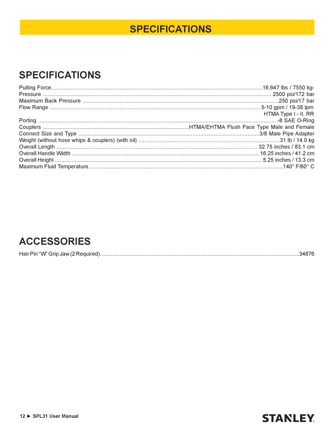 Stanley Black & Decker SPL31A-N, SPL31A-S user manual Specifications, Accessories 