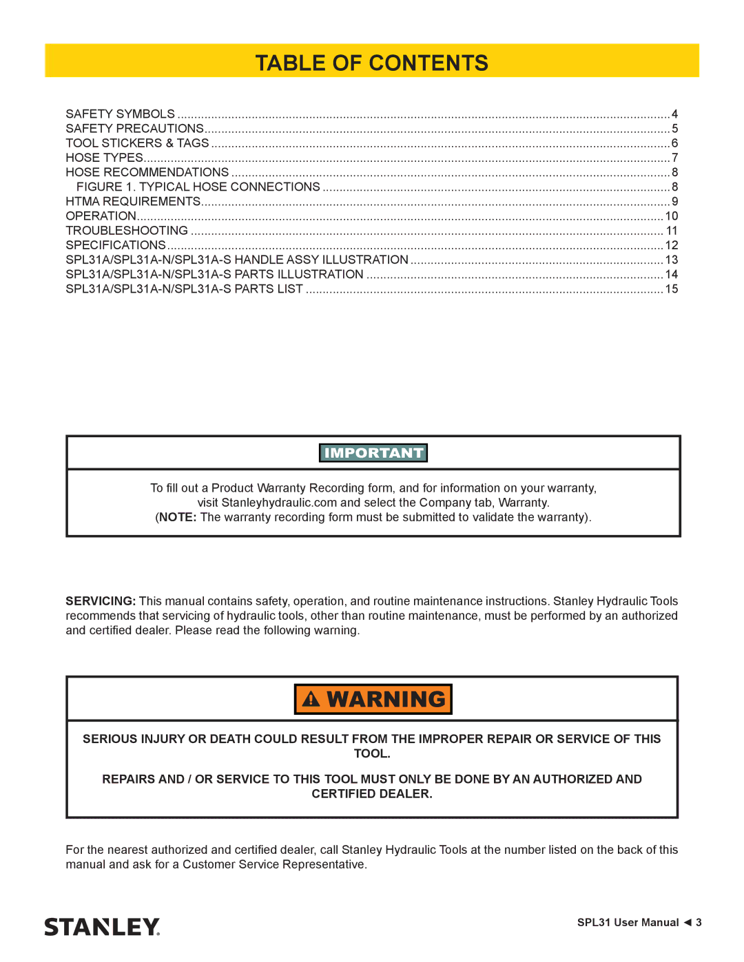 Stanley Black & Decker SPL31A-N, SPL31A-S user manual Table of Contents 