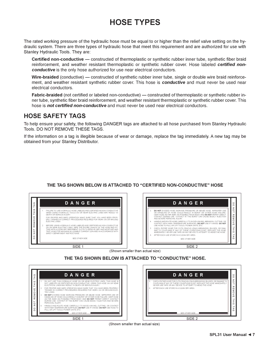 Stanley Black & Decker SPL31A-N, SPL31A-S user manual Hose Types, Hose Safety Tags 